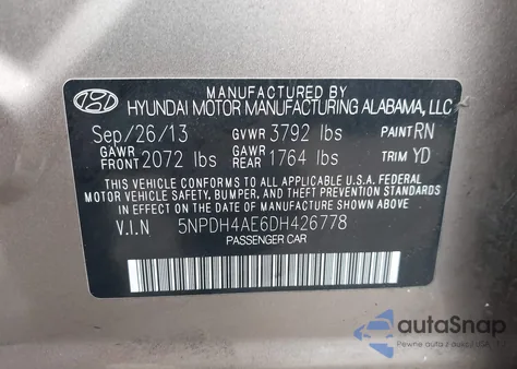 2013 Hyundai Elantra Gls from USA, damaged, VIN 5NPDH4AE6DH426778